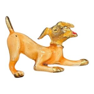 Vintage Enamel Playful Dog Brooch – Gold Tone with Hand-Painted Details J18